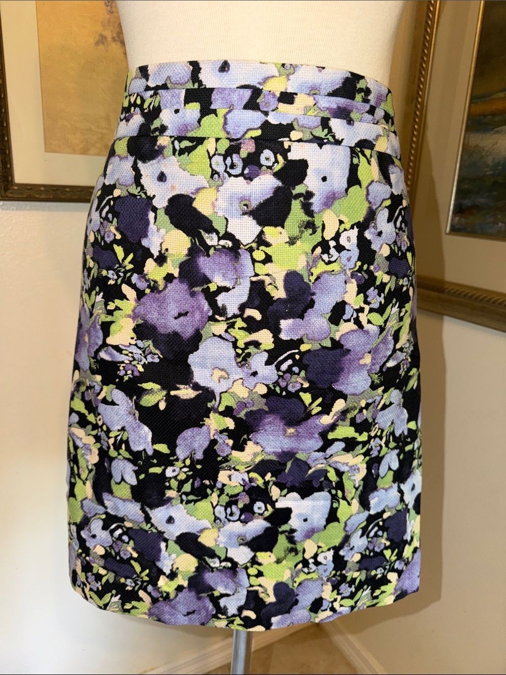 LOFT Lavender/Black/Yellow Floral Print Skirt Size 16